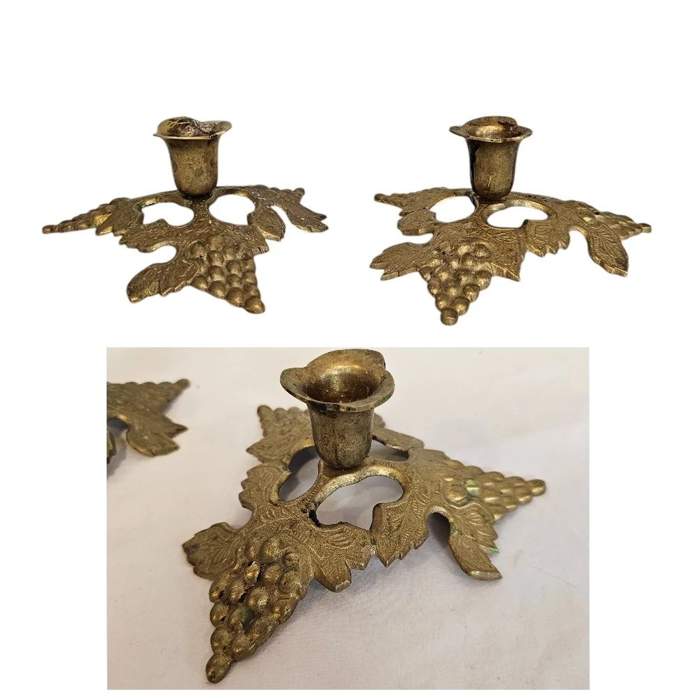 Vintage Brass Grape Candlestick Holder MCM Decore Accent
